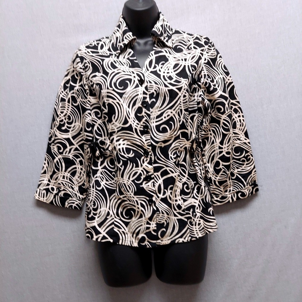 Carole Little Linen Jacket‎ M Cream Black Abstract Adjustable Waist 3/4 Sleeve
